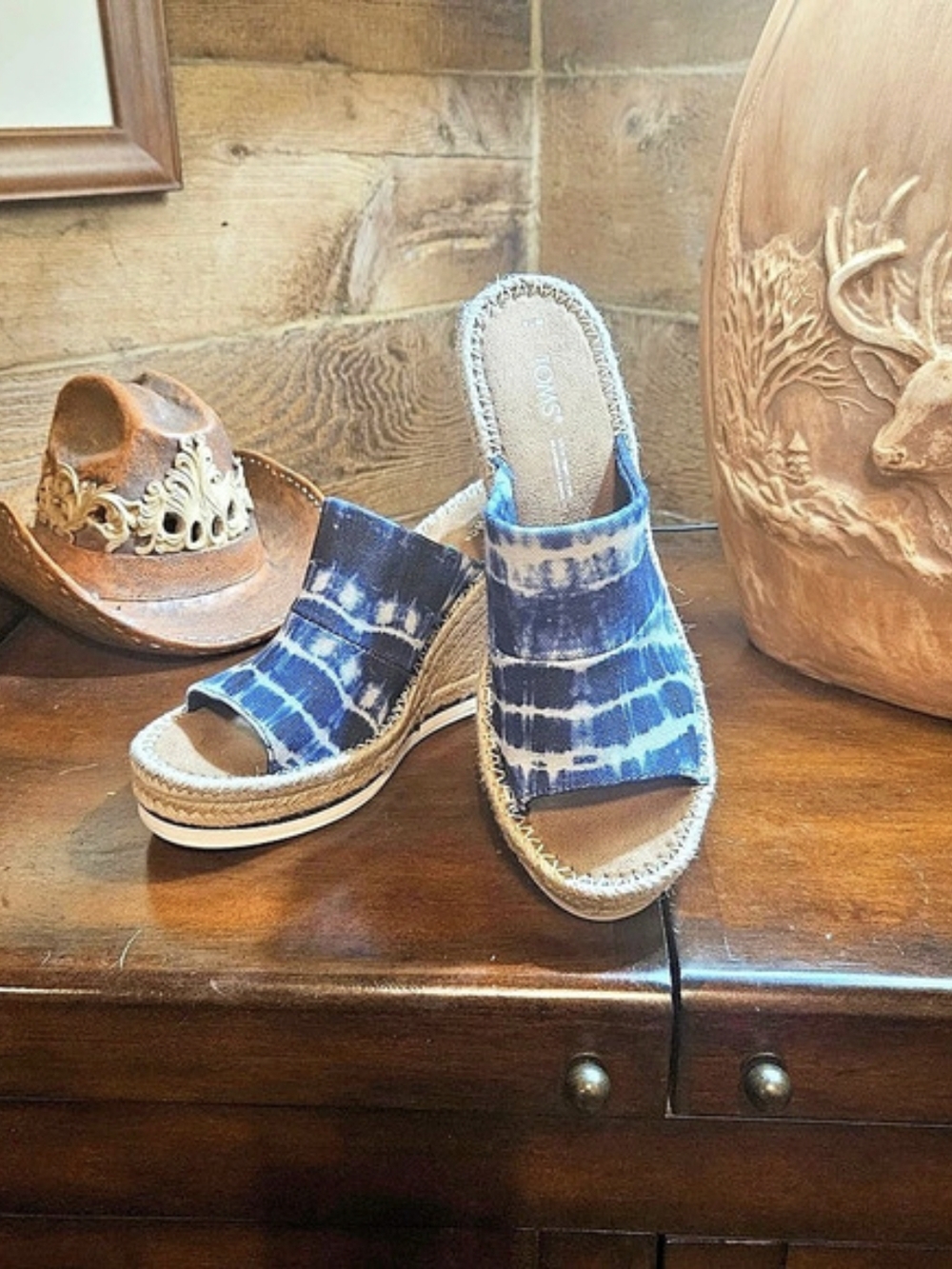 TOMS Monica Blue Tie Dye Espadrille Wedge Mule Blue & White US 7.5